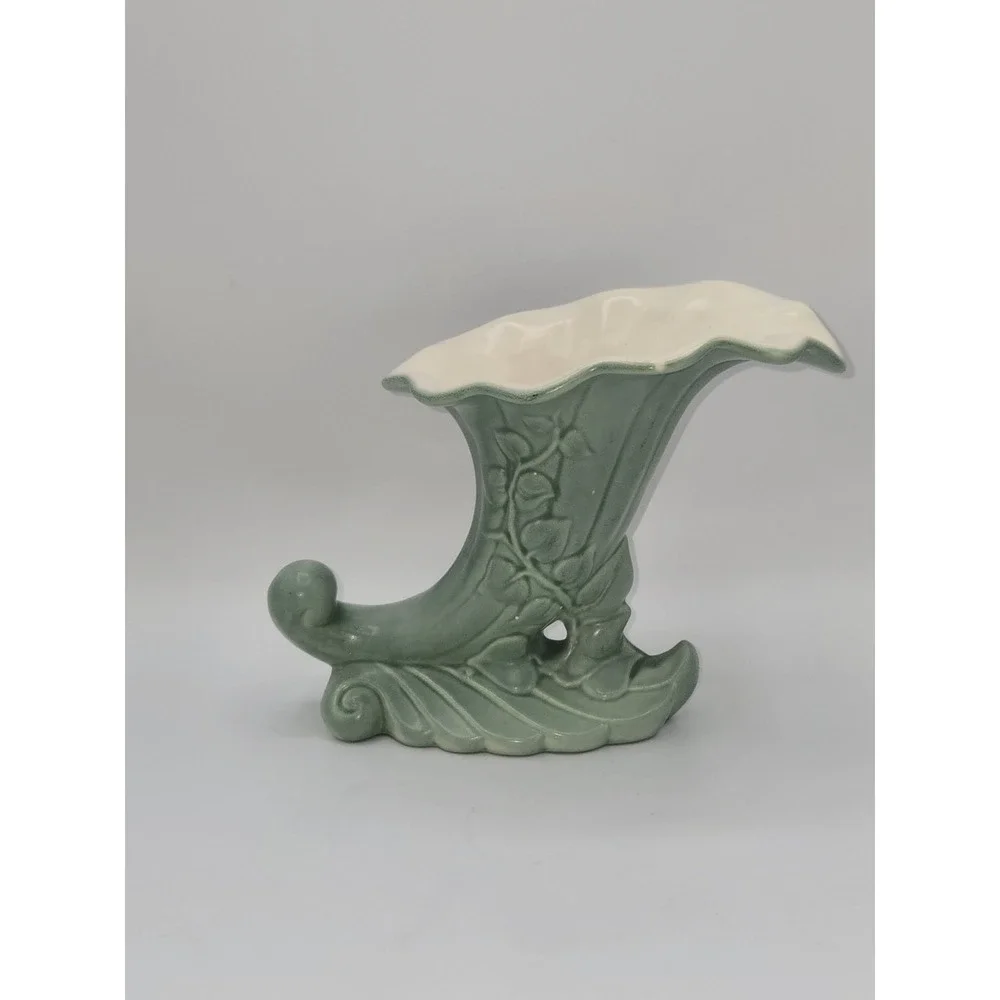 Vintage Red Wing Pottery Matte Green & Cream Cornucopia Vase #1097 Art Deco